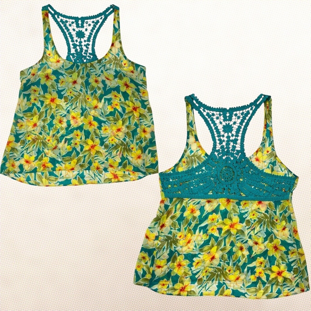 Aeropostale Tropical Floral Crochet Razorback Sheer Top Medium Summer Chic